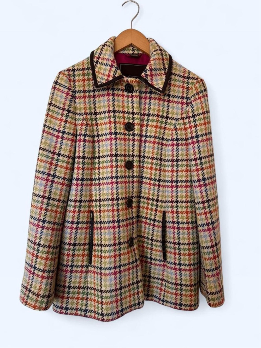 Y2K Coach Multicolor Plaid Wool-Blend Pea Coat with Black Trim